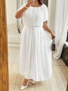 Vionelle Plus Size Women's White Summer Elegant Silky Holiday Chiffon Solid Color Round Neck Pleated Short Sleeve Top,Elastic Waist Flared Long Skirt 2pcs Set - White - View 3