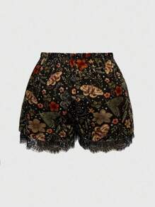 ROMWE Fairycore 大码女式蕾丝装饰天鹅绒松紧腰短裤，可内穿 - 黃色 - 查看 2