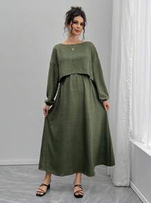 Momance 2 件孕妇套装：宽松船领长袖上衣和 A 字腰抽绳裙 - 綠色 - 查看 3