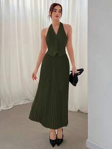 Aloruh 女士情人节挂脖单排扣背心和百褶裙两件套秋冬 - 軍綠色 - 查看 1