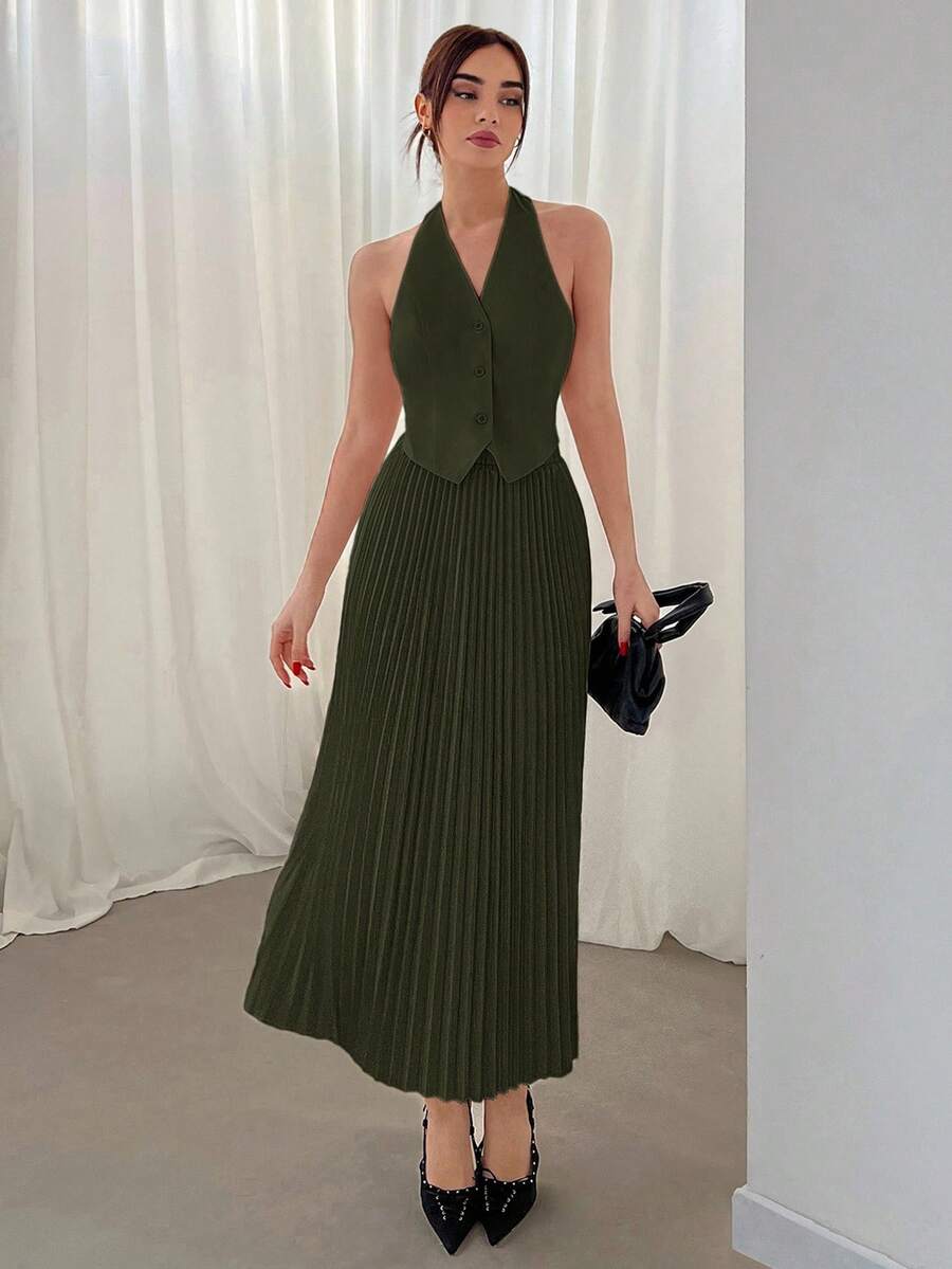 Aloruh 女士情人节挂脖单排扣背心和百褶裙两件套秋冬 - 軍綠色 - 查看 1