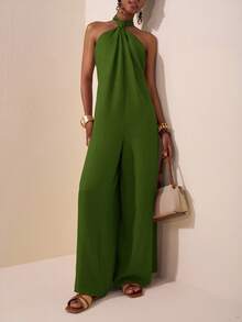 Zivah 2025 Summer New Music Festival Easter Mother's Day Wedding Season Attend Wedding Birthday Party Daily Casual Vacation Cruise Travel Beach Sunbathing Viral Elegant Casual Halter Backless Twist Loose Wide Leg Pants, Red-Brown, Women's Jumpsuit - Green - View 7