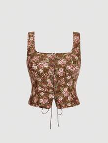 SHEIN MOD Áo crop top buộc dây họa tiết hoa cổ điển cỡ lớn. Halloween, phong cách cổ điển, thập niên 70. phong cách du mục - Nhiều màu - Xem 3