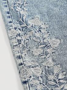 SHEIN Unity 女式花卉图案简约牛仔迷你裙 - 藍色 - 查看 3