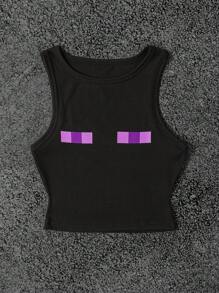 SHEIN 女式 Y2K 紫眼图形像素色块黑色短款运动背心，性感俱乐部服装，朋克街头风格，图形印花，哥特美学，休闲夏季上衣，露脐 T 恤 - 黑色 - 查看 4