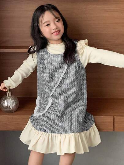 2pcs Young Girl Girls Fall Outfit Set - Turtleneck Knit Top + Pinafore Dress