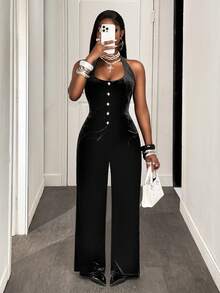 BamGleam Bộ 2 món áo yếm nhung cài nút đơn và quần thời trang dành cho nữ - màu đen - Xem 1