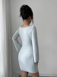 Elenzga Elegant Bow Sequin Decor Fitted Knit Dress Fall Winter Cloth For Women - Grey - View 6