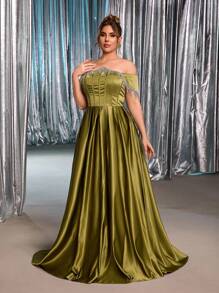 Aureia Gaun Malam Formal Elegan Musim Semi Warna Hijau Zaitun Ukuran Besar, Gaun Pesta Pernikahan Model A-Line Berlipit dengan Desain Rumbai Rantai Berlian Satu Bahu - Dark Green - View 4