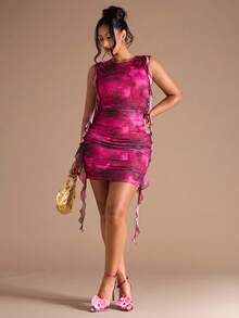 SHEIN BAE Plus Size Women Mesh Floral Print Ruffle Tie Waist Mini Dress - Black - View 3