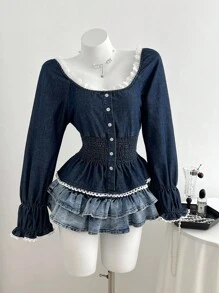 Elamini Women's Lace Patchwork Single-Breasted Waist Gathered Denim Blouse - Blue - View 1