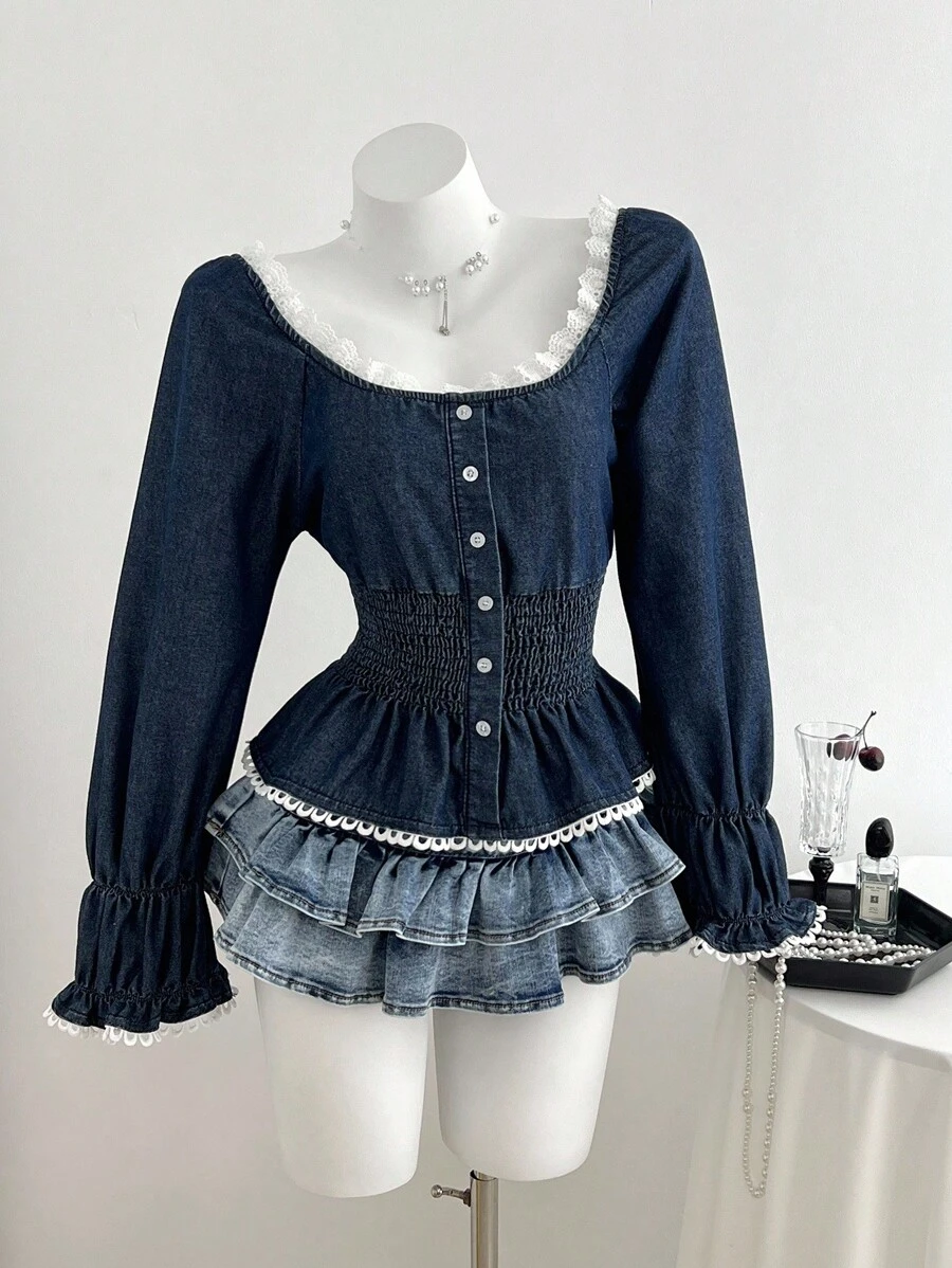 Elamini Women's Lace Patchwork Single-Breasted Waist Gathered Denim Blouse - Blue - View 1