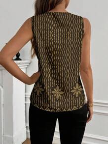 Glamance BiGraphic Women's Contrast Color Print V-Neck Sleeveless Blouse - Black and Gold - View 2