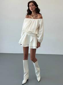 Aloruh Women's Solid Color Pleated Off Shoulder Lantern Sleeve Ruffle Hem Fashionable Mini Dress