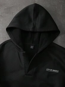 Chillumni 男士休闲简约半开超大连帽宽松休闲拼色螺纹小印花连帽衫，落肩连帽衫，图案连帽衫，男士图案连帽衫，男友礼物，男士图案连帽衫超大运动衫男士男士超大街头潮流运动衫超大连帽衫 - 黑色 - 查看 7