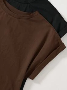 SHEIN BASICS 2件/組 女款休閒素色針織圓領短袖迷你洋裝 夏季服飾 - 咖啡 - 查看 5