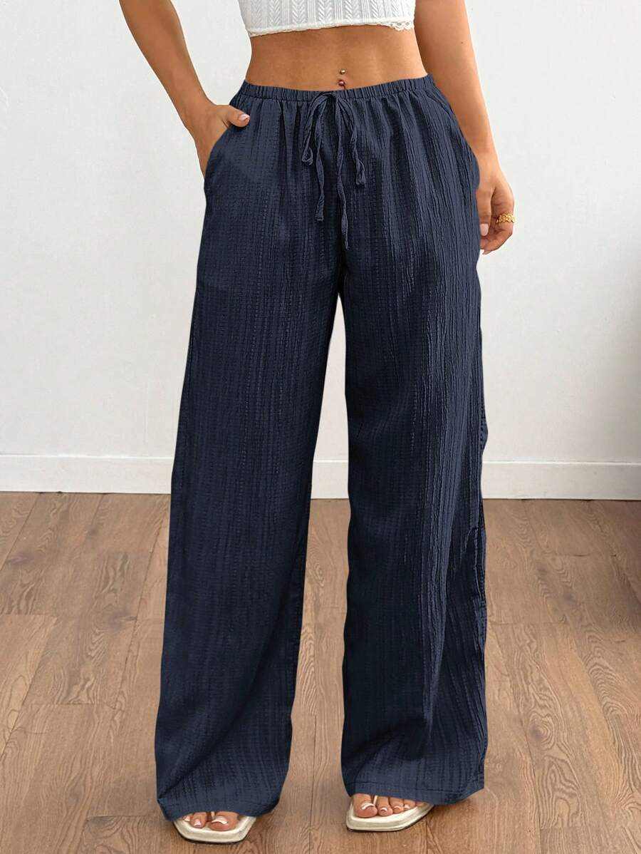 SHEIN Tall 女式休闲纯色纹理面料抽绳腰阔腿裤 - 藏蓝色 - 查看 1