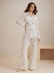 Anewsta Bộ quần áo blazer dài tay và váy ren khoét sâu thanh lịch dành cho nữ, Xuân/Hè - trắng - Xem 5