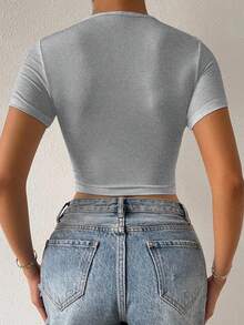 INAWLY Sexy Fitted Pleated Front Drawstring Casual Women T-Shirt - Grey - View 2