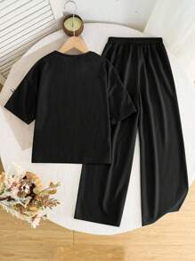 SHEIN 2 件套青少年女孩休闲宽松舒适圆领短袖 T 恤和裤子套装 - 黑色 - 查看 3
