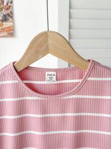 SHEIN Tween Girl Casual Mixed Striped Knit Crew Neck Short Sleeve Top - Dusty Pink - View 3