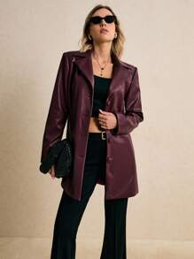 Poéselle Women's Burgundy Faux-Leather Blazer Jacket,Oversized Vegan Leather Button-Front Coat,Chic Autumn Night Out,Quiet Luxury Lapel Neck Long Sleeve Jacket - Burgundy - View 4