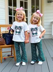 SHEIN Leap Crew 年輕女孩樣式印花t恤和小花圖案傘褲