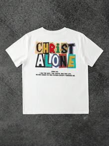 Manfinity Dauomo 男士休闲标语印花短袖 T 恤，夏季 - 白色 - 查看 2