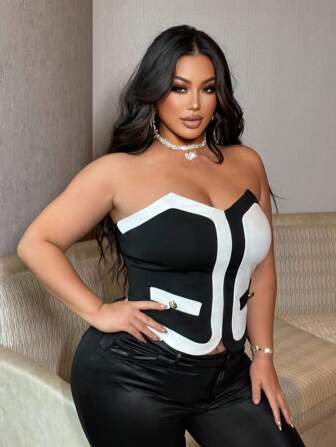 NU&NOW 大码女式优雅拼色露肩性感衬衫