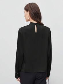 BizChic 女式不对称设计褶饰宽松立领长袖上衣，基本款简约优雅别致商务休闲装，适合城市通勤，适合教师、办公室、婚礼、音乐会 - 黑色 - 查看 2