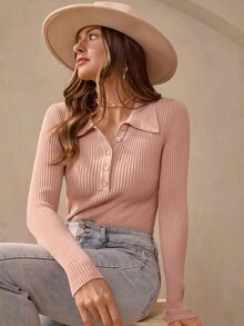 Wildy American Country Style Dusty Pink Autumn Casual Everyday Tight Fitted Polo Collar Half-Zip Slim Fit Pullover Sweater Ribbed Knit Top Button Down - Pink - View 2