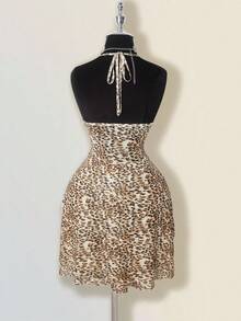 SHEIN ICON Vestido corto de mujer con tirantes finos y abertura, con estampado de leopardo