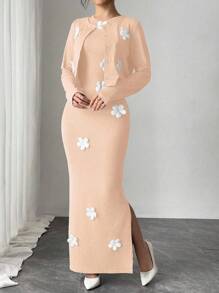 Elenzga Women's Solid Color Elegant Lady Style Jacket & Dress Set With Floral Decor, Suitable For Spring/Summer Fall Cloth For Women