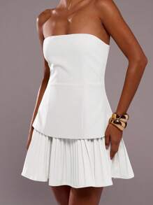 SHEIN BAE 女士优雅纯色褶边抹胸迷你连衣裙，夏季 - 白色 - 查看 5