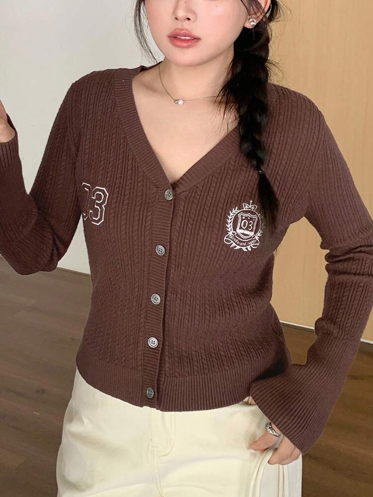 Dazy Plus Embroidered Pattern Elastic Fitted Short Cardigan Sweater, Plus Size Women Autumn Long Sleeve Knit Jacket
