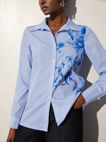 GENKIRA Women's Casual Floral & Striped Print Long Sleeve Shirt Fall Cloth For Women - Blue - View 3