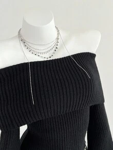 Elamini 女士纯色休闲百搭露肩长袖毛衣 - 黑色 - 查看 4