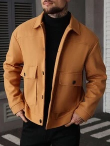 Manfinity CasualCool 男士纯色长袖单排扣工装口袋休闲大衣，复古风格，秋冬款 - 卡其色 - 查看 1