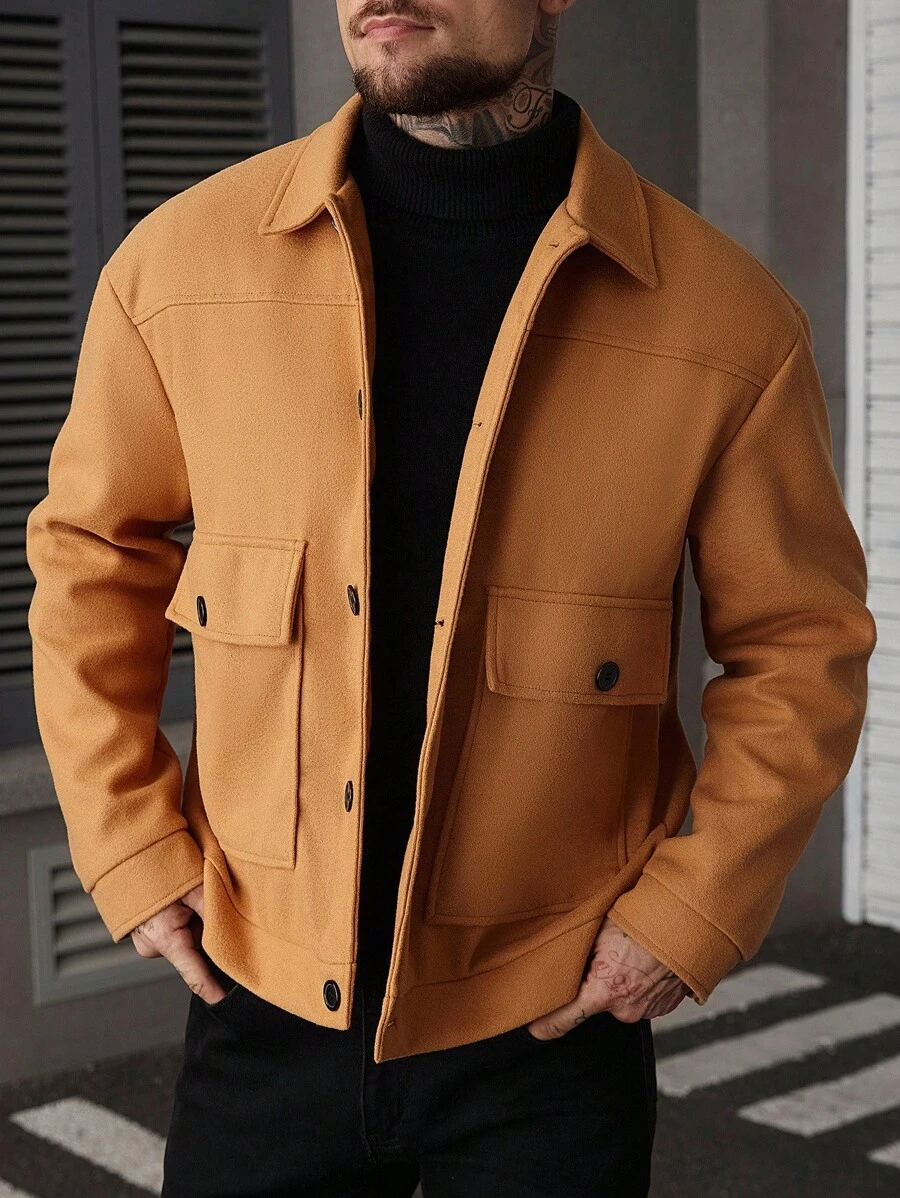 Manfinity CasualCool 男士纯色长袖单排扣工装口袋休闲大衣，复古风格，秋冬款 - 卡其色 - 查看 1