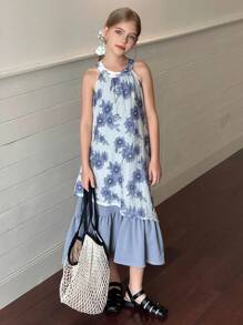 Hapijoa Tween Girls Floral Print Sleeveless Dress