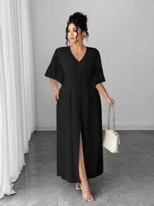 Elenzga 大码女式V领荷叶边袖开衩下摆宽松优雅连衣裙 - 黑色 - 查看 3