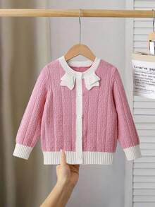 SHEIN Girls' Fashionable Bowknot Round Neck Cardigan, Suitable For Travel, Party, Back To School - Pink - View 6