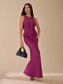 SHEIN Tall 2 件套极简主义时尚单排扣背心裙套装时尚优雅休闲简约日常纯色秋季商务休闲 - 酒紅色 - 查看 5