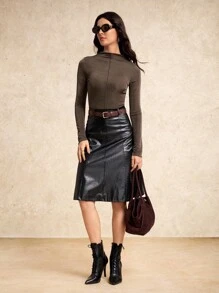 House of One Glittery Knit Draped Neck Long Sleeves Fitted Top Women Casual Autumn Winter