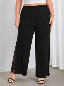 Firerie Pantaloni negri eleganți, casual, cu talie înaltă, cu croi larg, cu crăpături laterale și panouri din dantelă transparentă, potriviți pentru purtare zilnică și naveta, primăvară/vară
