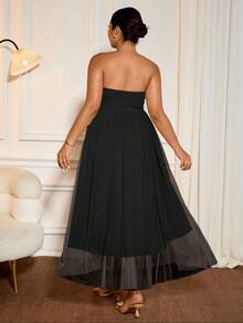 Cravure 加大码女式杏色无袖褶皱腰优雅中长连衣裙，带网眼覆盖层，适合约会、聚会、派对、婚礼和舞会 - 黑色 - 查看 2