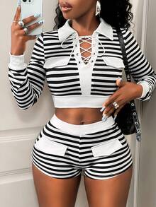 BamGleam 2 Stück/Set Damen Lässig gestreifter Kontrast Farbe Schnürung Kragen Langarm Top und Shorts, Neue Herbstmode, 2025 Neue Eisseide Bluse + Schnelltrocknende Shorts Set Damen lässiger Stil Dopamin Tragen kann außerhalb getragen werden Hauskleidung Herbstkleidung für Frauen - Schwarz und Weiss - Übersicht 8