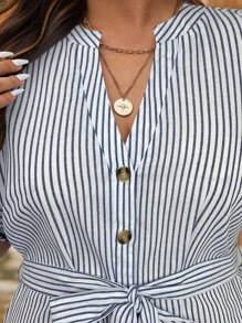 SHEIN LUNE Plus Size Women Blue And White Striped Belted Mid-Length Dress - Navy Blue - View 6