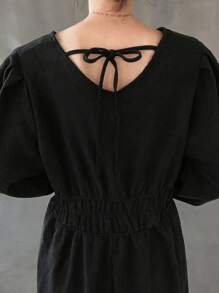 FRIFUL 女士纯色灯笼袖系带荷叶边下摆连衣裙 - 黑色 - 查看 5