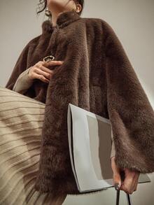 DAZY 仿毛领斗篷夹克，女士温暖毛绒披肩外套，秋冬款 - 棕色 - 查看 8